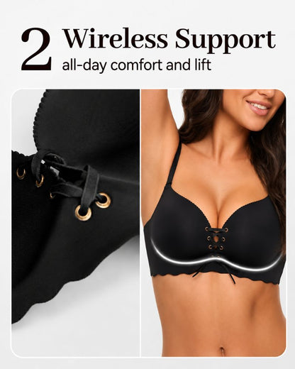 Lace-Up Padded Wireless Push-Up Bra