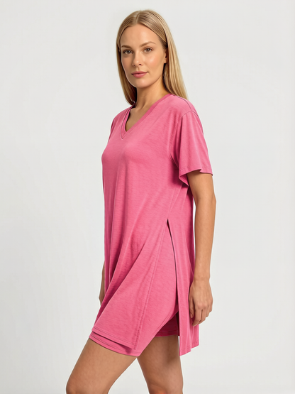 Women Summer Lounge Set Oversized Tee Biker Shorts Reversible Tracksuit