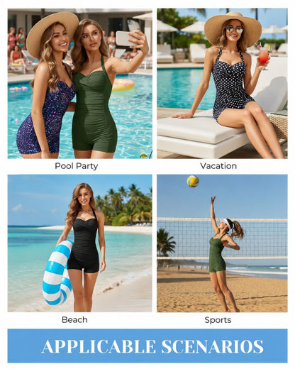 Retro Halter Tummy Control Boyleg One-Piece Swimsuit