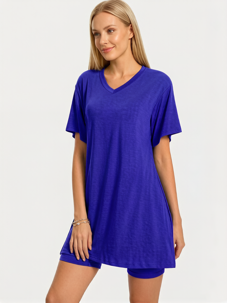 Women Summer Lounge Set Oversized Tee Biker Shorts Reversible Tracksuit
