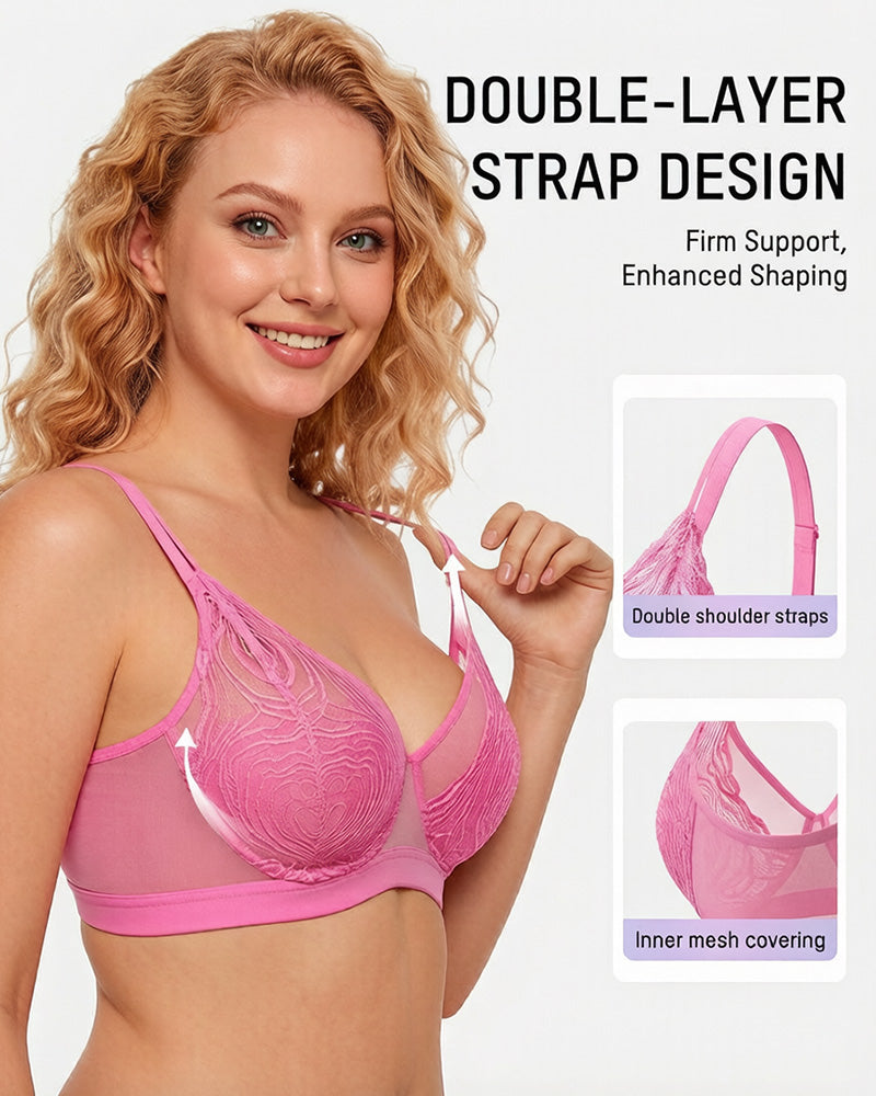 Plus Size Lace Mesh Full-Coverage Underwire Bra