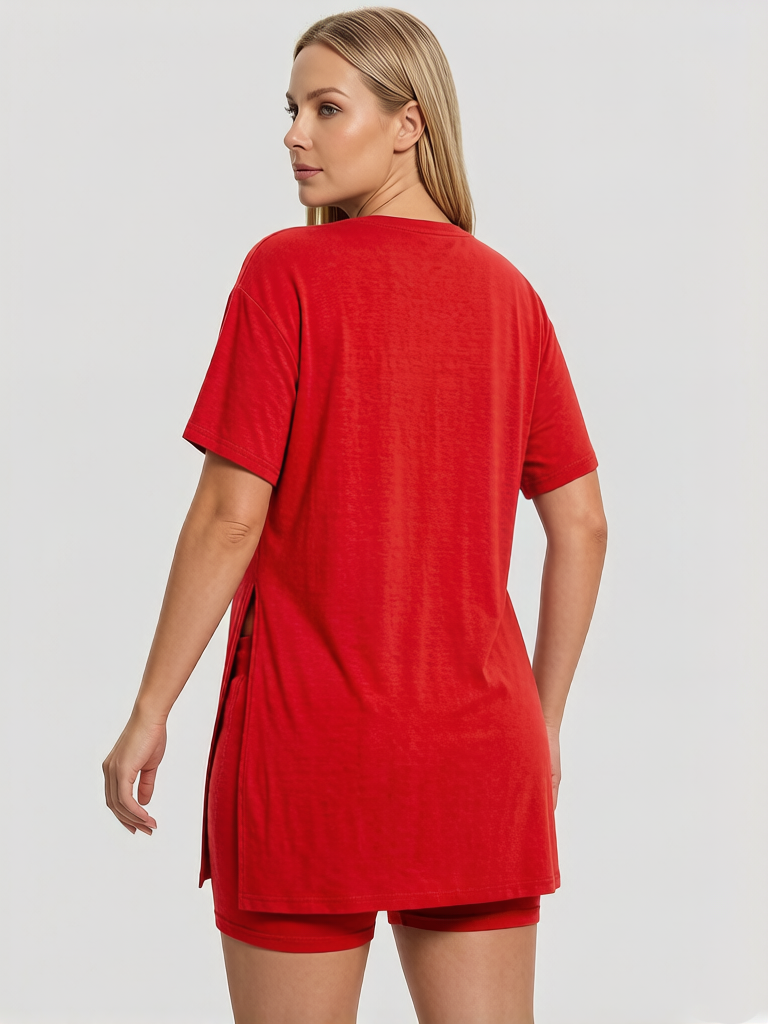 Women Summer Lounge Set Oversized Tee Biker Shorts Reversible Tracksuit