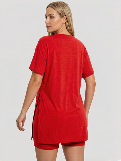 Women Summer Lounge Set Oversized Tee Biker Shorts Reversible Tracksuit