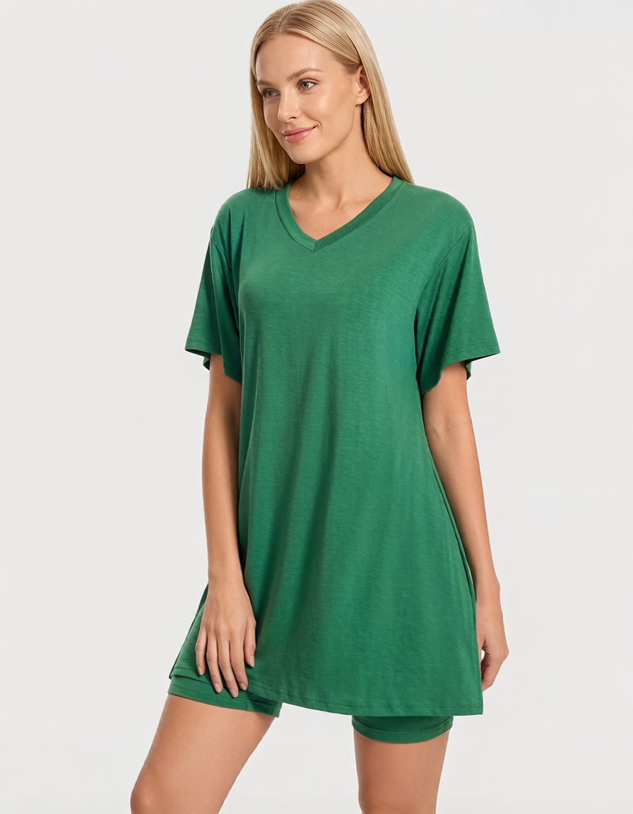 Women Summer Lounge Set Oversized Tee Biker Shorts Reversible Tracksuit
