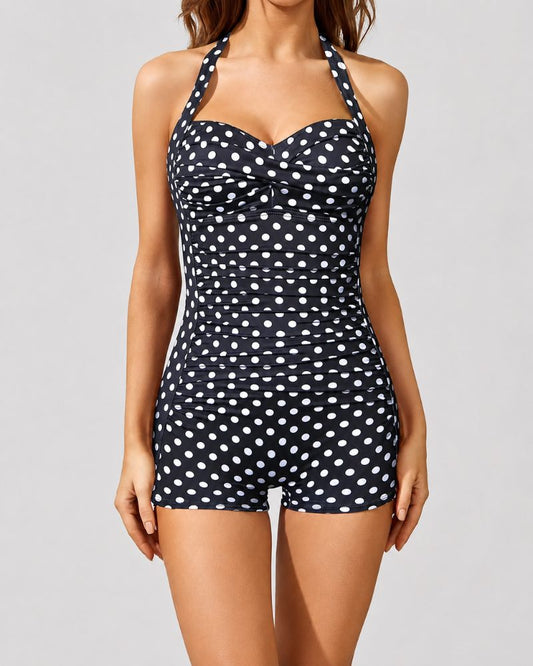 Retro Halter Tummy Control Boyleg One-Piece Swimsuit