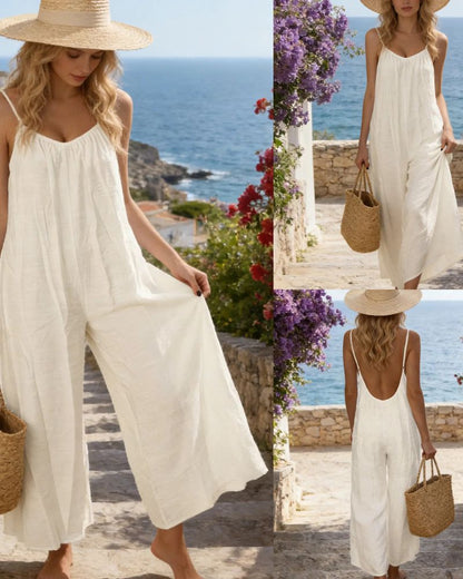 Strappy Backless Wide-Leg Jumpsuit With Pockets