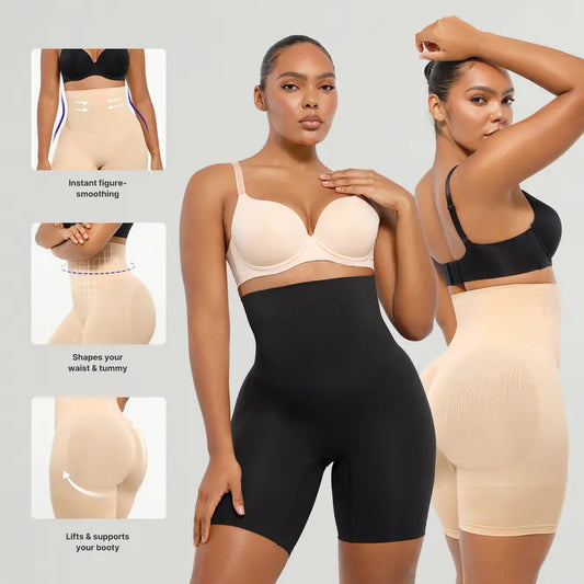 Seamless high-waisted shaping shorts: tummy control, butt lifting, and leg slimming.
