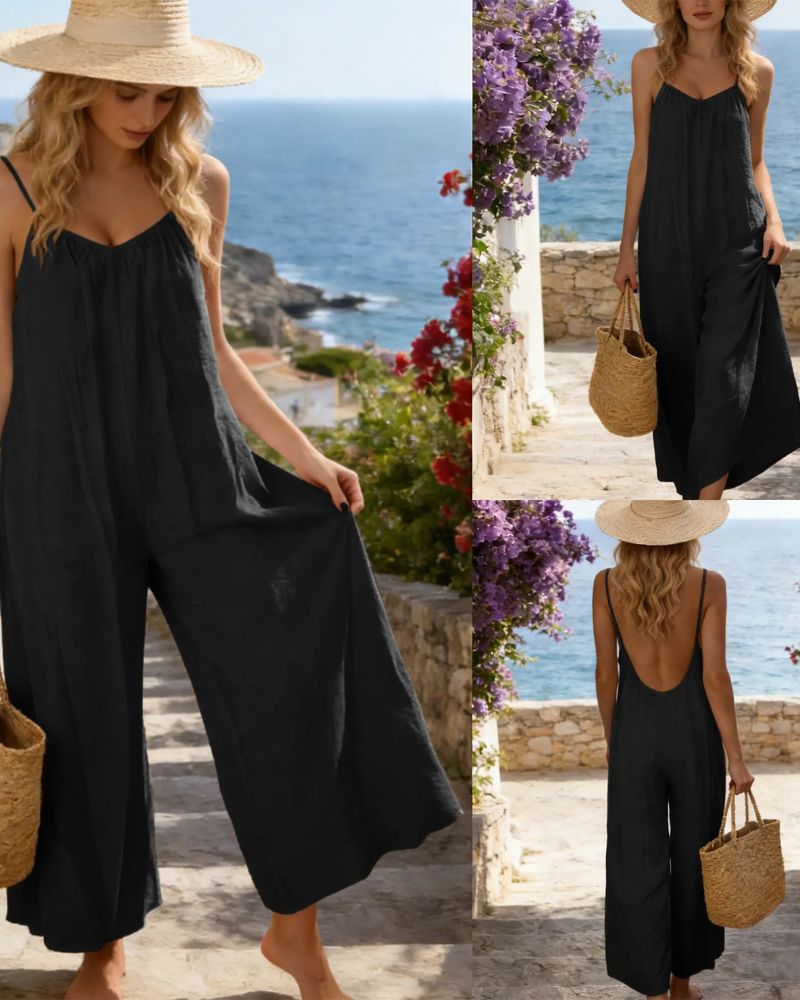 Strappy Backless Wide-Leg Jumpsuit With Pockets