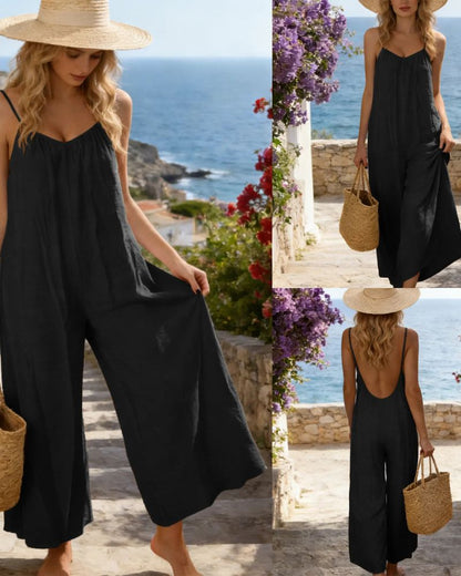 Strappy Backless Wide-Leg Jumpsuit With Pockets