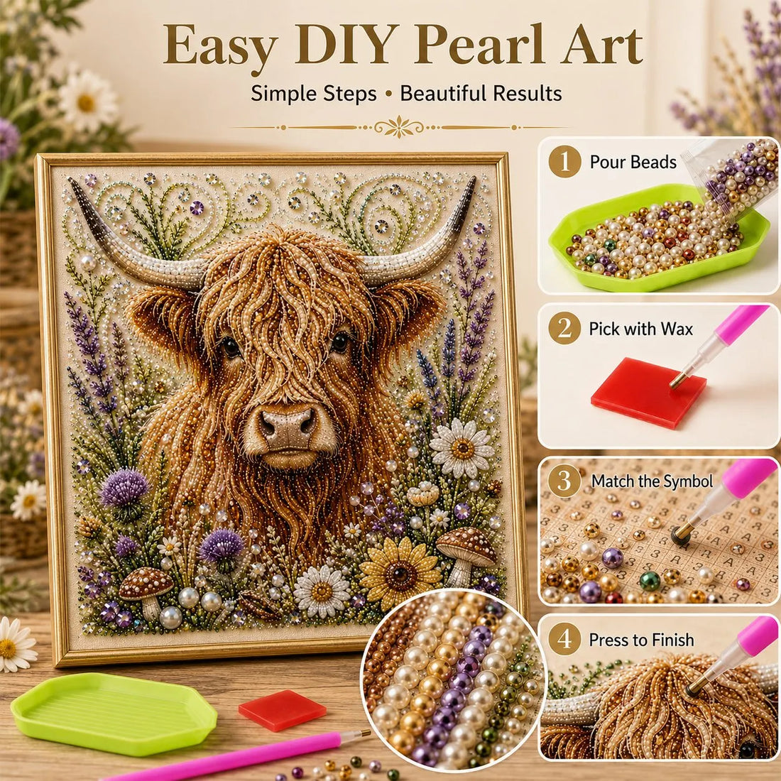 🐾🌿 Premium 3D Pearl Animal Wall Art Kit | Luxury Flocked Canvas with Scratch-Resistant Non-Fading Pearl Beads DIY Nature-Inspired Decor ✨