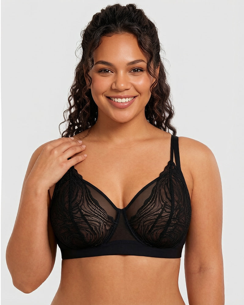 Plus Size Lace Mesh Full-Coverage Underwire Bra