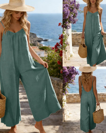 Strappy Backless Wide-Leg Jumpsuit With Pockets