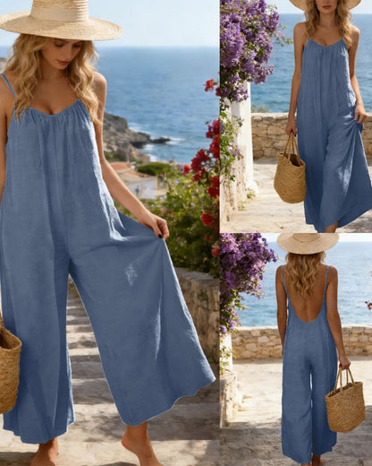 Strappy Backless Wide-Leg Jumpsuit With Pockets