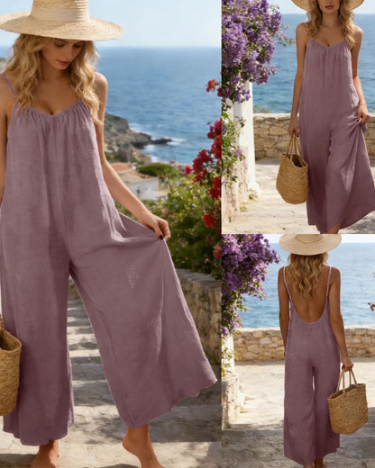 Strappy Backless Wide-Leg Jumpsuit With Pockets