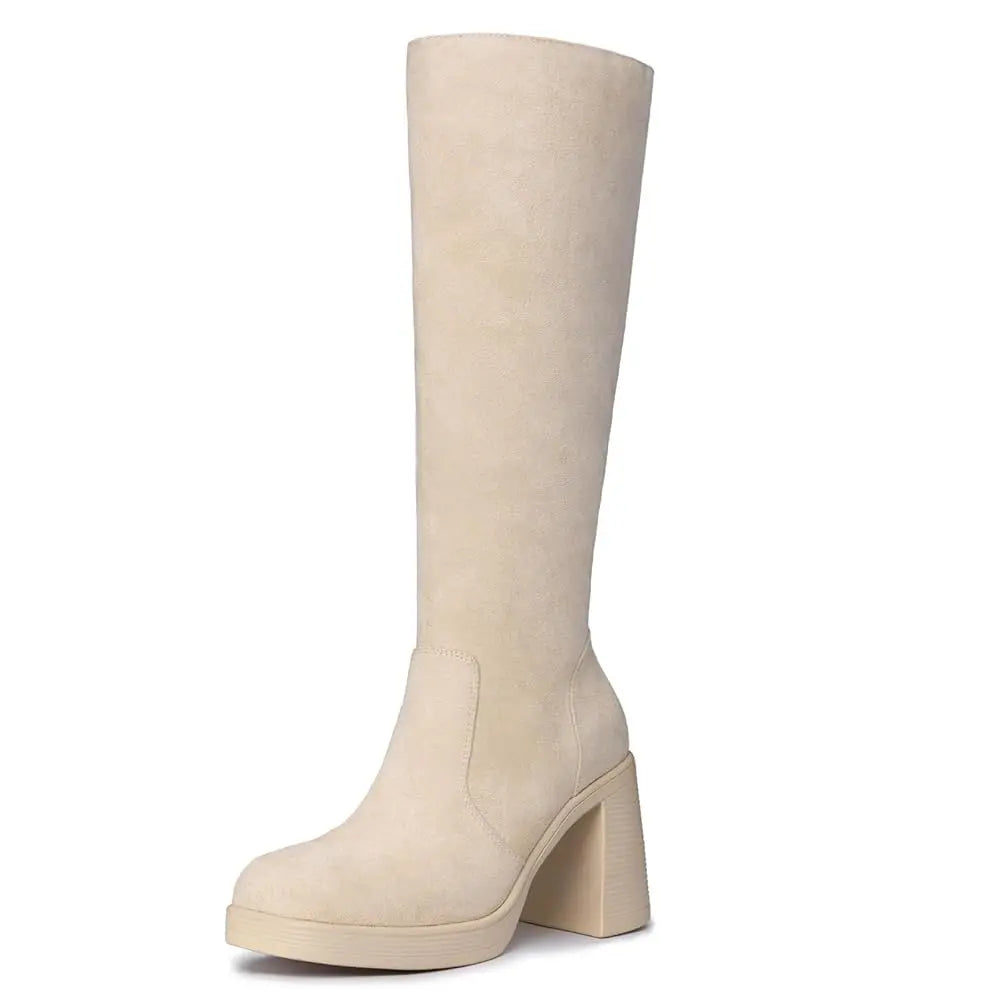 Women's Platform Knee-High Boots – Square Toe Chunky Heel