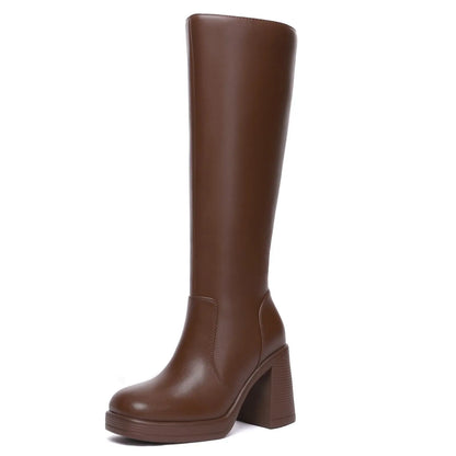 Women's Platform Knee-High Boots – Square Toe Chunky Heel