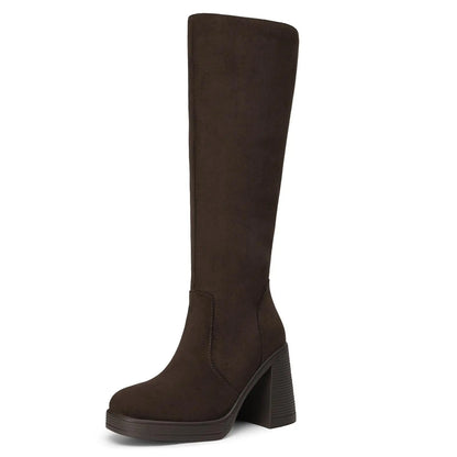 Women's Platform Knee-High Boots – Square Toe Chunky Heel