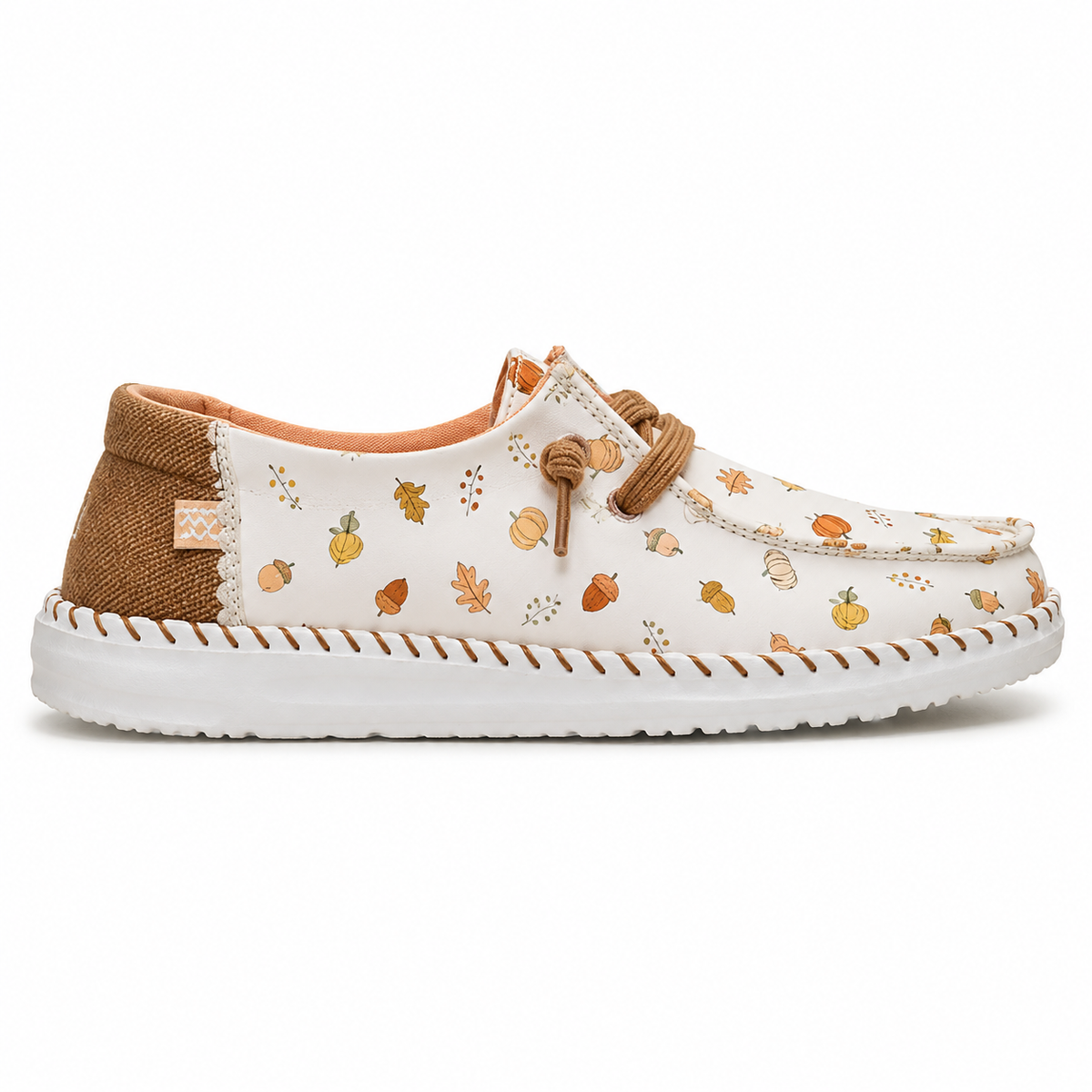 Leichte Damen-Slipper mit Kürbis-Gewürz-Muster – Weiß/Braun