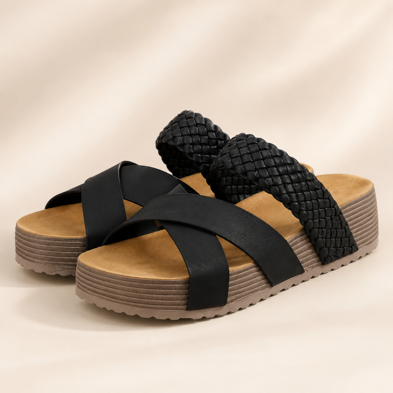 Women Sandals Beach Sandals PU LeatherSlip-On Rubber Sole Thick Bottom BraidedCross Casual Solid Color Slippers