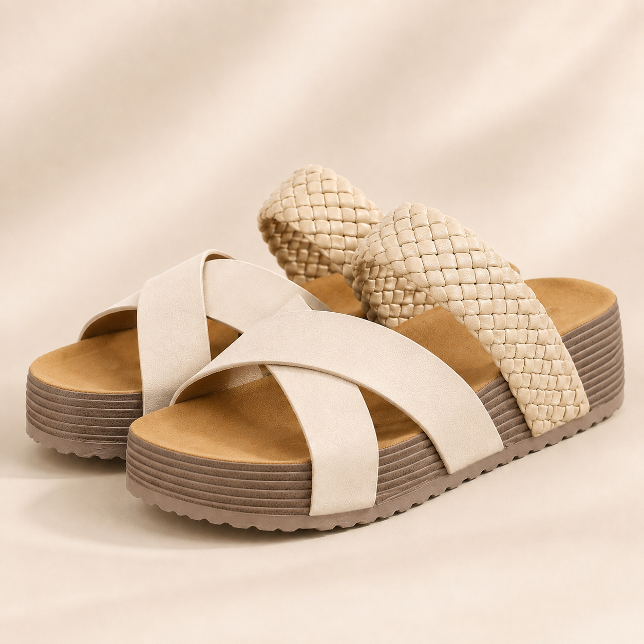 Women Sandals Beach Sandals PU LeatherSlip-On Rubber Sole Thick Bottom BraidedCross Casual Solid Color Slippers