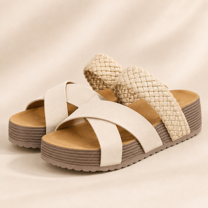 Women Sandals Beach Sandals PU LeatherSlip-On Rubber Sole Thick Bottom BraidedCross Casual Solid Color Slippers