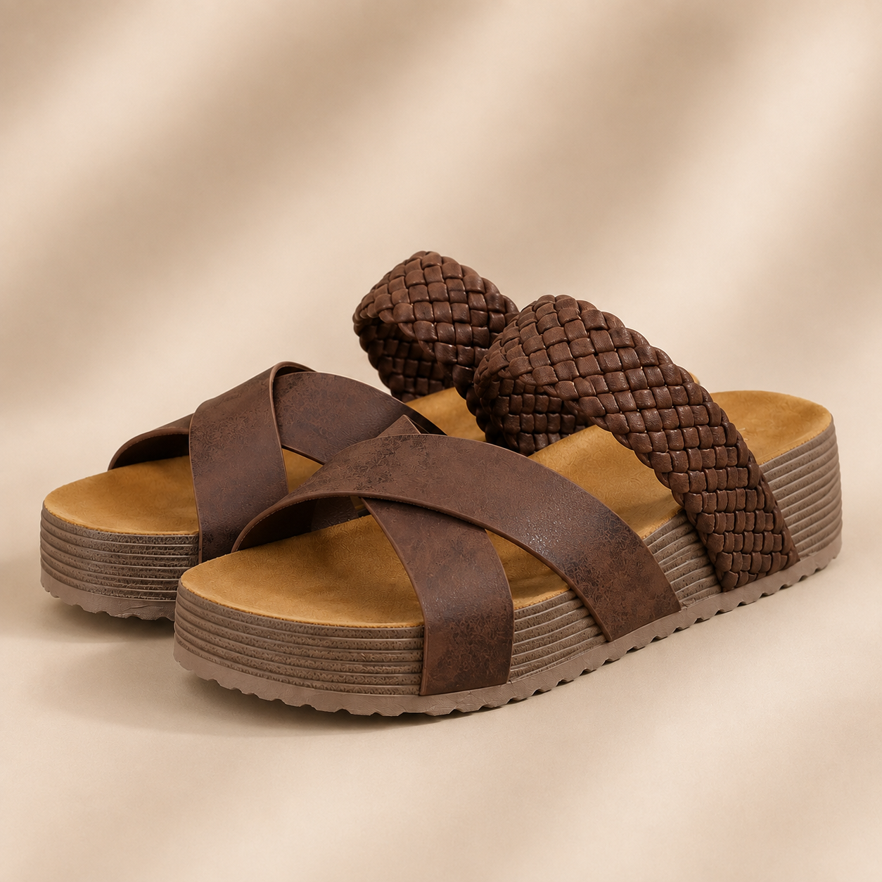 Women Sandals Beach Sandals PU LeatherSlip-On Rubber Sole Thick Bottom BraidedCross Casual Solid Color Slippers