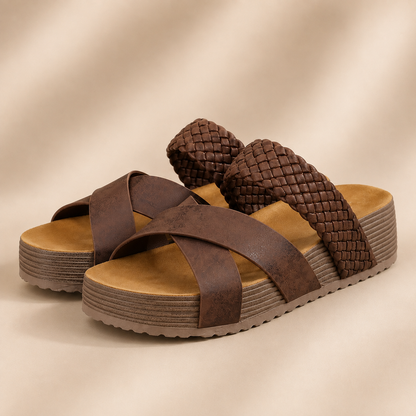 Women Sandals Beach Sandals PU LeatherSlip-On Rubber Sole Thick Bottom BraidedCross Casual Solid Color Slippers