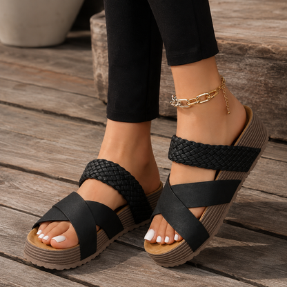 Women Sandals Beach Sandals PU LeatherSlip-On Rubber Sole Thick Bottom BraidedCross Casual Solid Color Slippers
