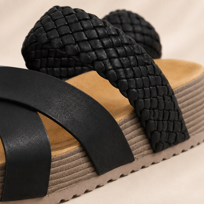 Women Sandals Beach Sandals PU LeatherSlip-On Rubber Sole Thick Bottom BraidedCross Casual Solid Color Slippers