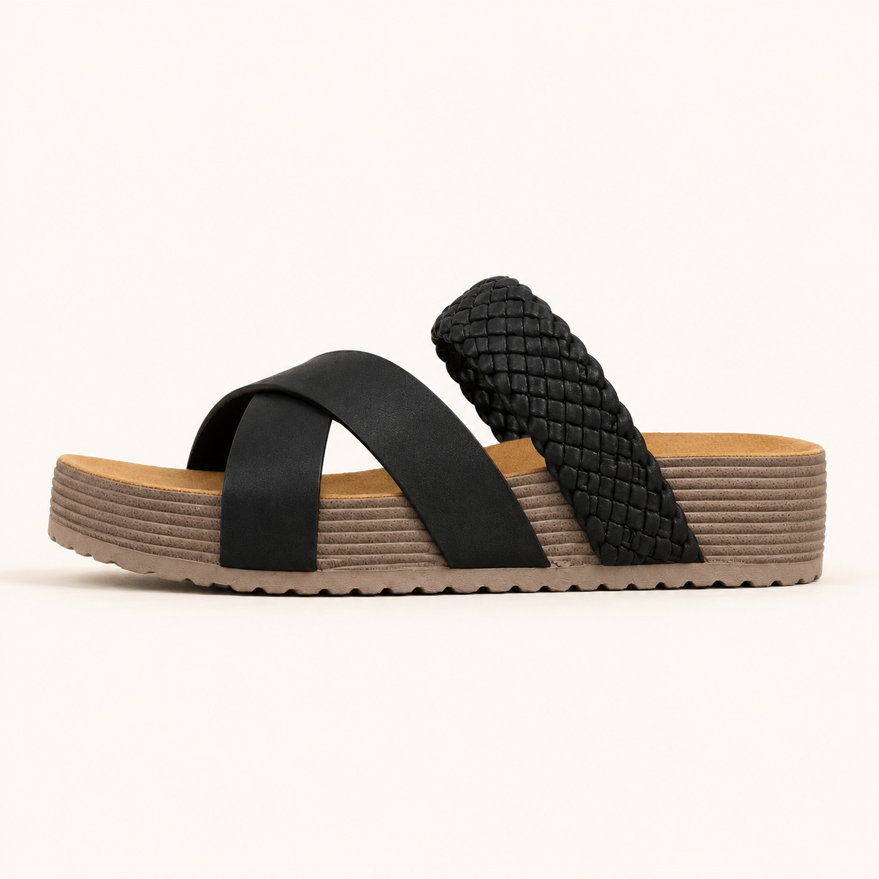 Women Sandals Beach Sandals PU LeatherSlip-On Rubber Sole Thick Bottom BraidedCross Casual Solid Color Slippers