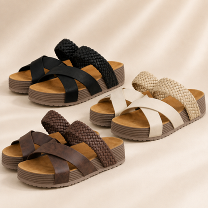 Women Sandals Beach Sandals PU LeatherSlip-On Rubber Sole Thick Bottom BraidedCross Casual Solid Color Slippers