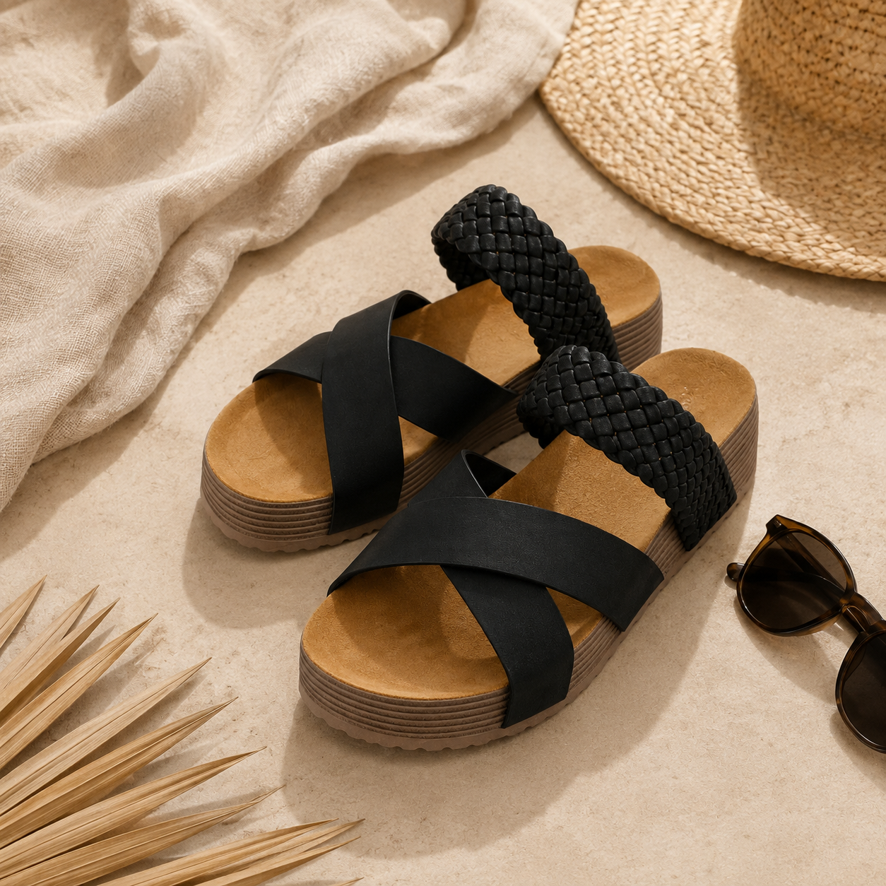 Women Sandals Beach Sandals PU LeatherSlip-On Rubber Sole Thick Bottom BraidedCross Casual Solid Color Slippers