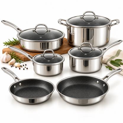 SNOWCLAD Hybrid Nonstick Stainless Steel Cookware Set — 10 or 14 Pieces