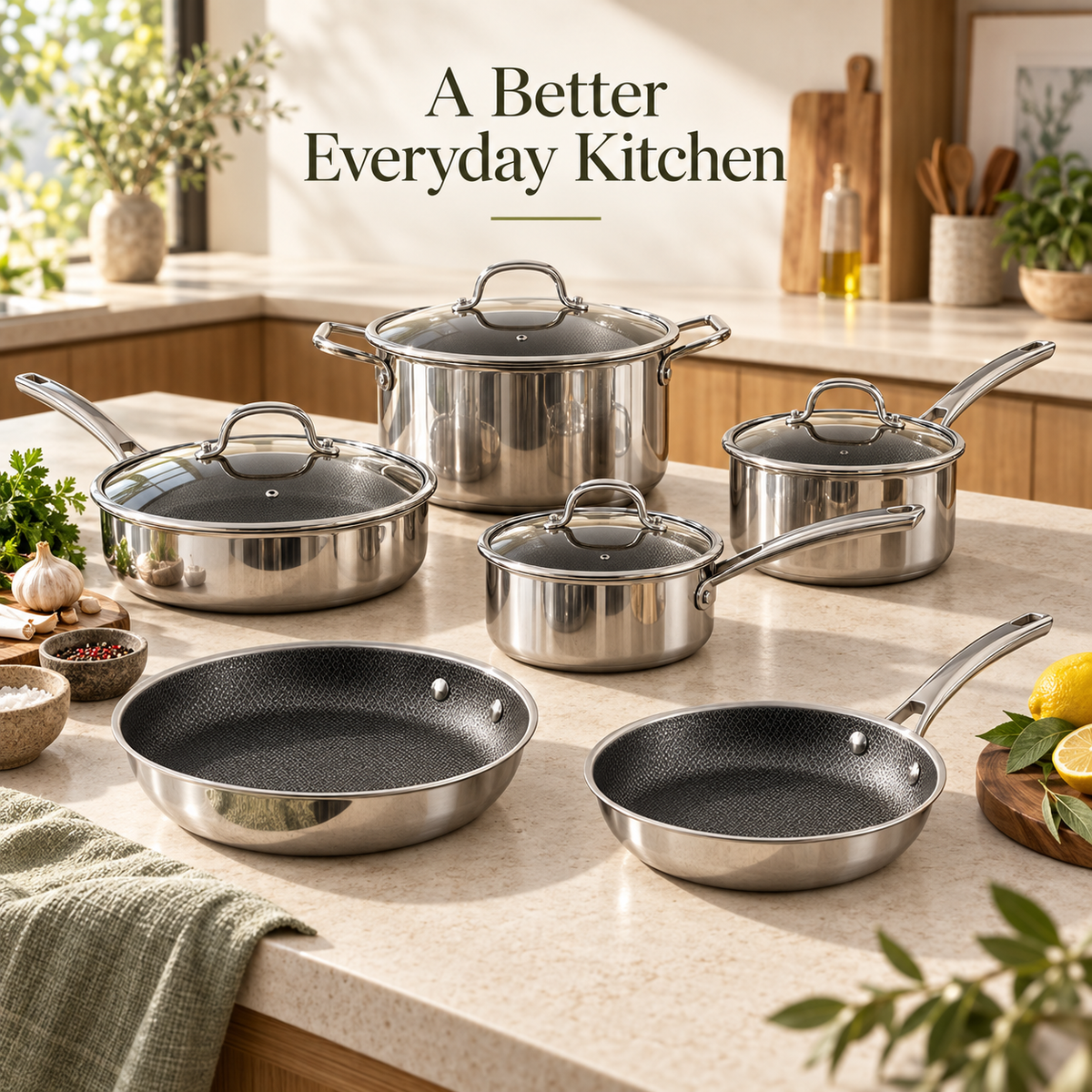 SNOWCLAD Hybrid Nonstick Stainless Steel Cookware Set — 10 or 14 Pieces