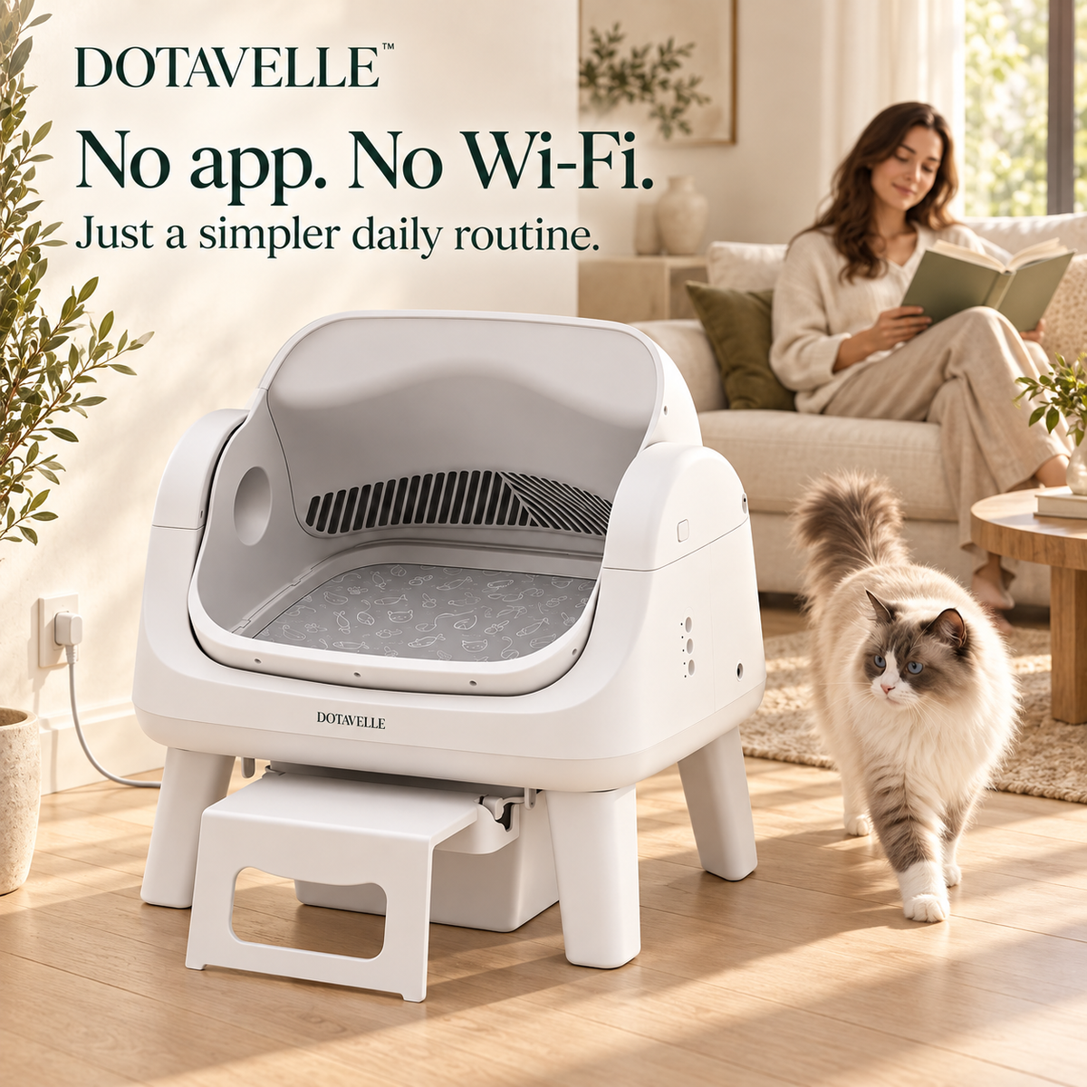 Dotavelle Lite Open-Top Self-Cleaning Cat Litter Box with Easy-Entry Step