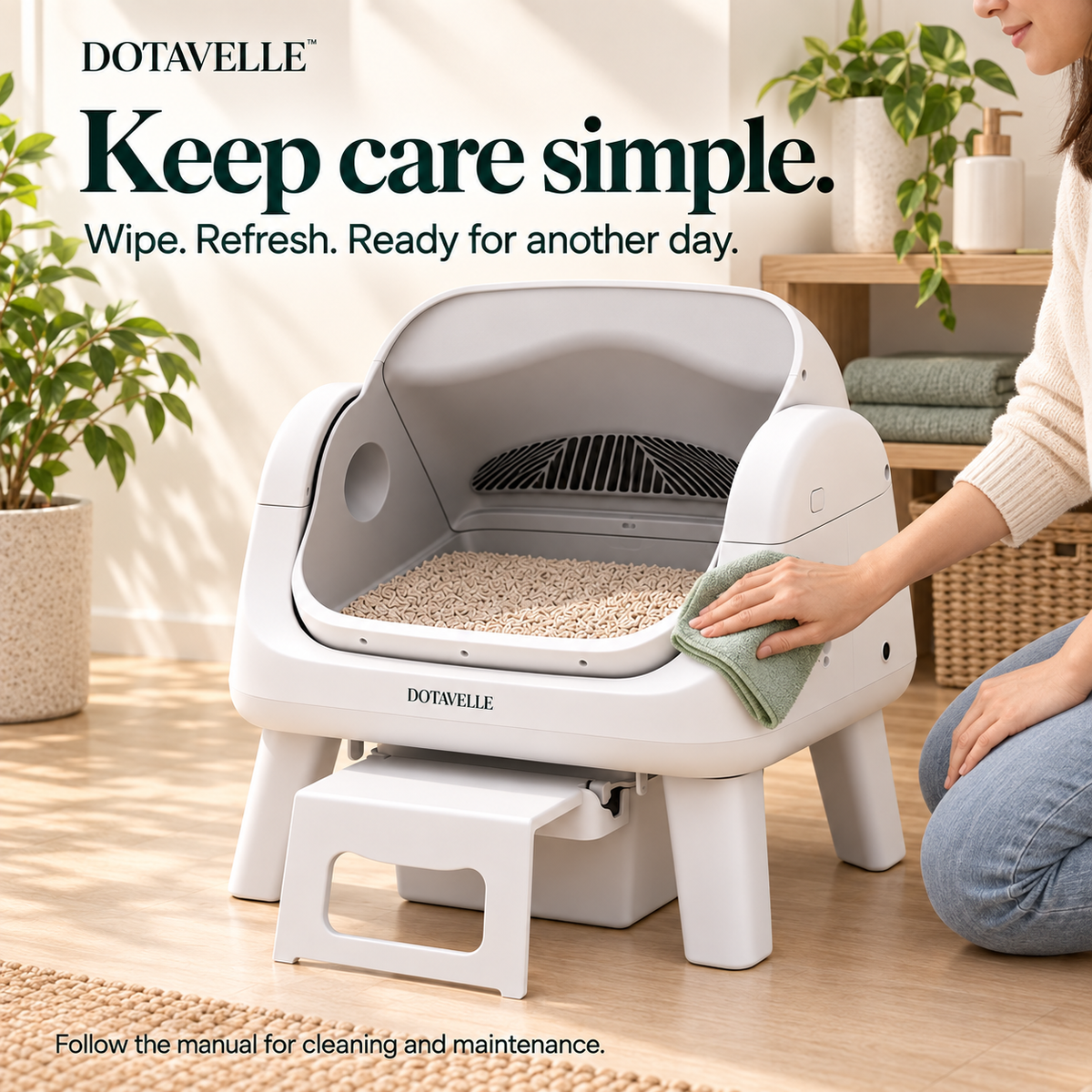 Dotavelle Lite Open-Top Self-Cleaning Cat Litter Box with Easy-Entry Step