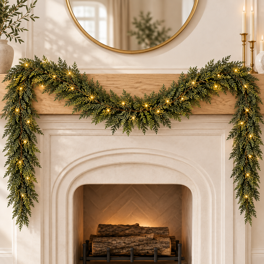 6FT Pre-Lit Cedar Garland with Remote – Warm White & Multicolor Lights