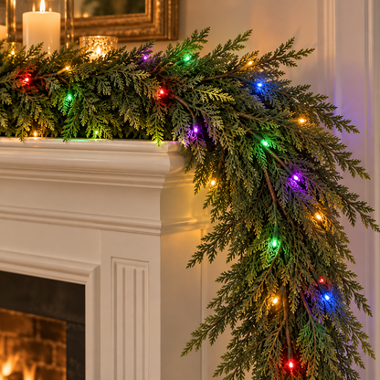 6FT Pre-Lit Cedar Garland with Remote – Warm White & Multicolor Lights