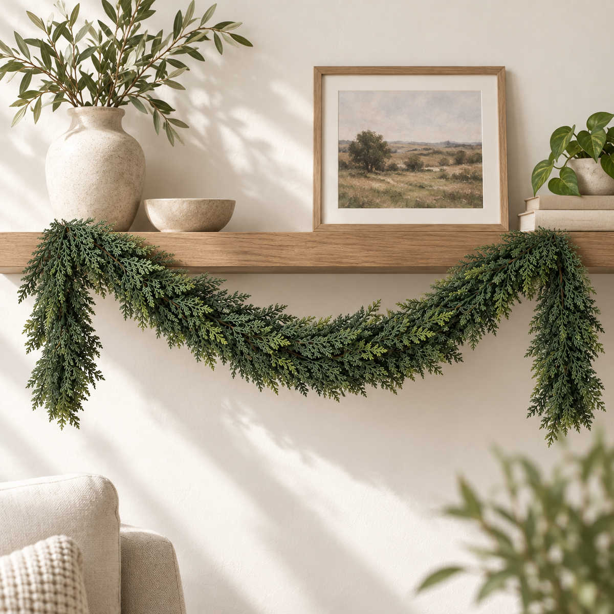 6FT Pre-Lit Cedar Garland with Remote – Warm White & Multicolor Lights