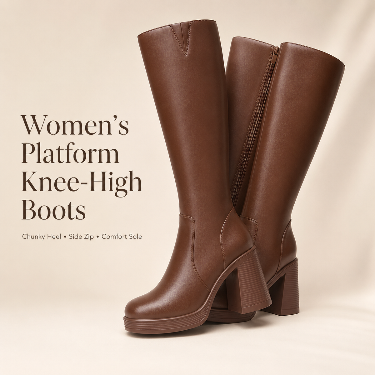 Women's Platform Knee-High Boots – Square Toe Chunky Heel