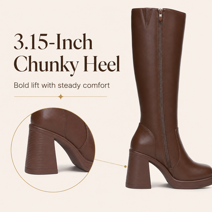 Women's Platform Knee-High Boots – Square Toe Chunky Heel