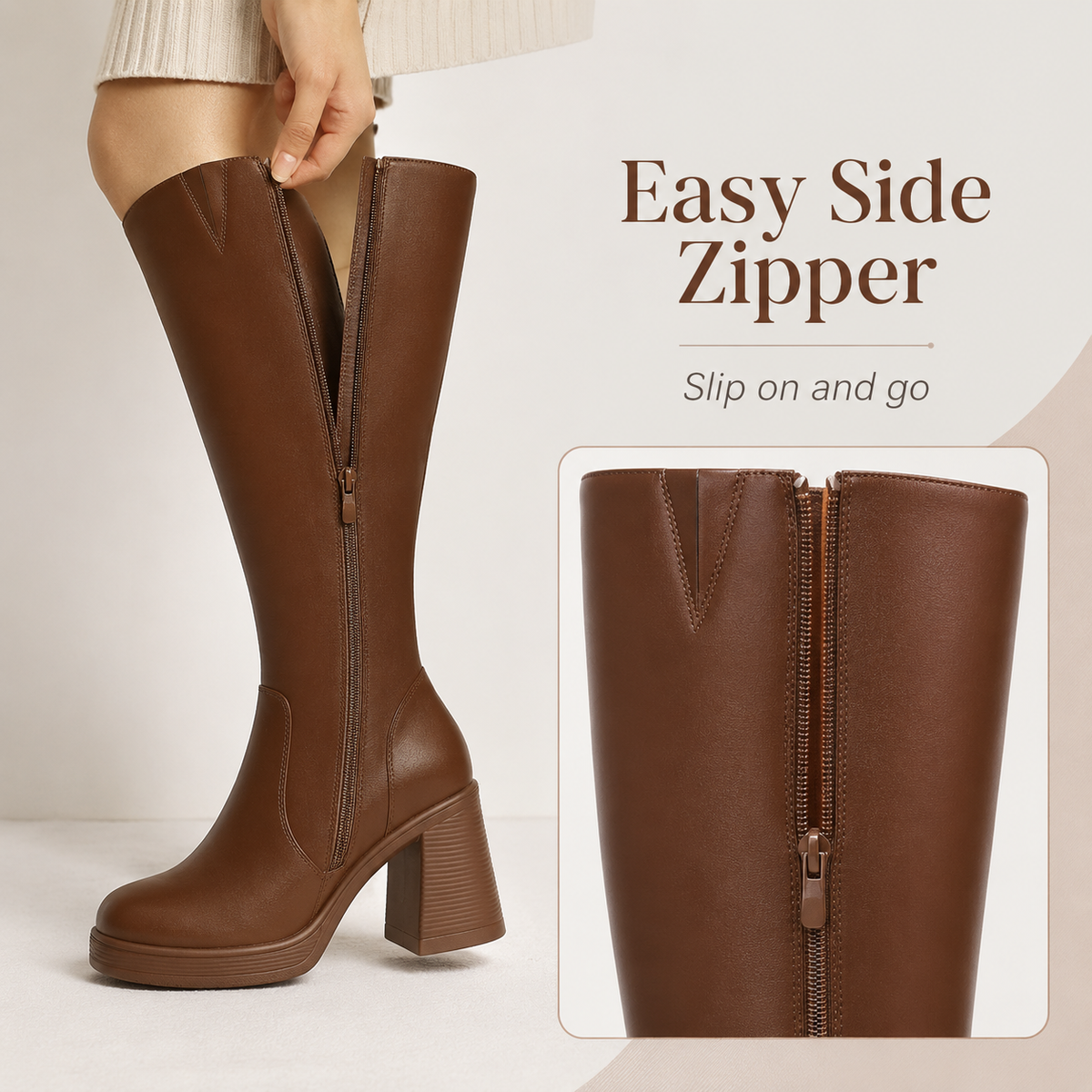 Women's Platform Knee-High Boots – Square Toe Chunky Heel