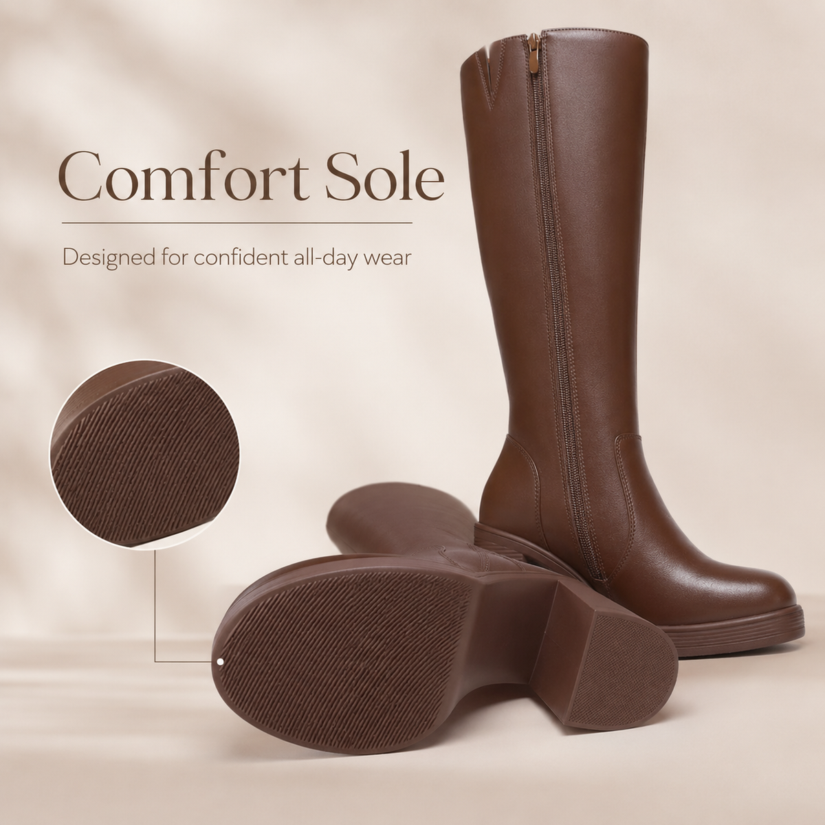 Women's Platform Knee-High Boots – Square Toe Chunky Heel