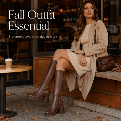 Women's Platform Knee-High Boots – Square Toe Chunky Heel