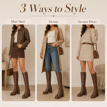 Women's Platform Knee-High Boots – Square Toe Chunky Heel