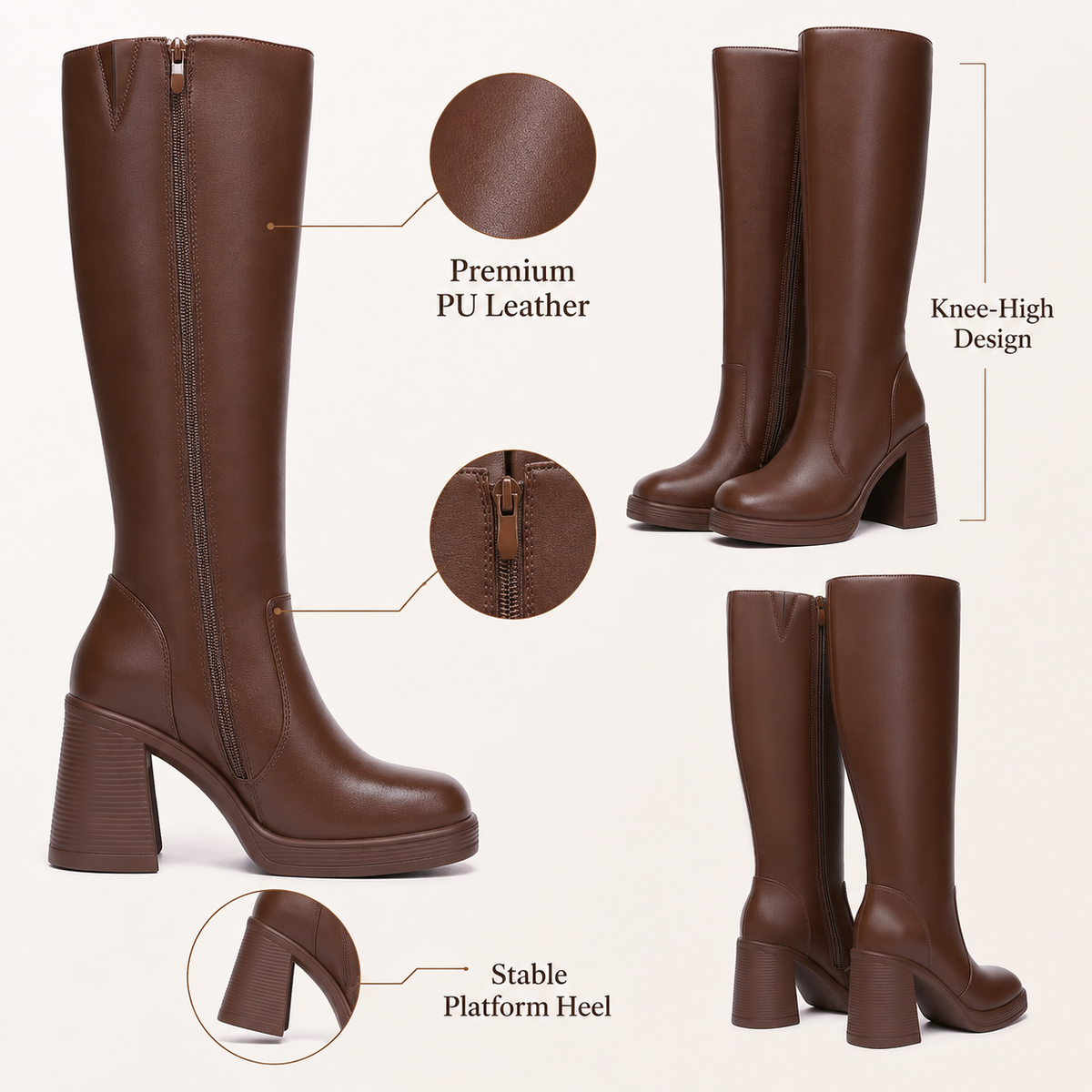 Women's Platform Knee-High Boots – Square Toe Chunky Heel