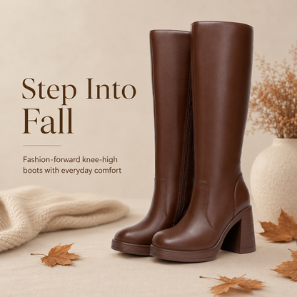Women's Platform Knee-High Boots – Square Toe Chunky Heel