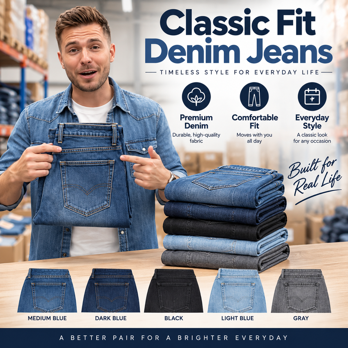 Classic Fit Denim Jeans – Premium Comfort & Everyday Style