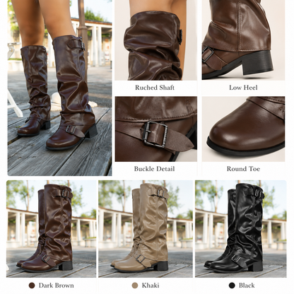 Women's Ruched Western Moto Boots – Low Heel PU Leather Mid-Calf Boots