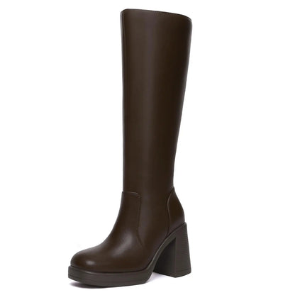 Women's Platform Knee-High Boots – Square Toe Chunky Heel